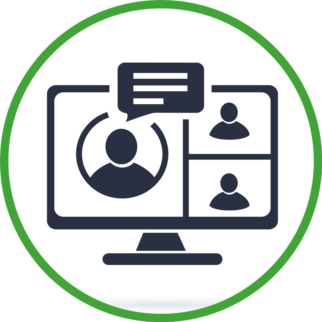 Piktogramm Onlinemeeting inklusive Dozent sowie Teilnehmern