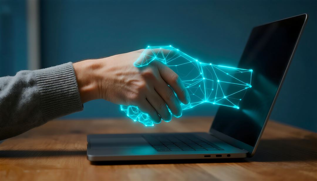 KI generierte Hand aus einem Laptop sch&uuml;ttelt eine menschliche Hand.