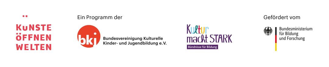 Zusammenstellung der Logos von K&uuml;nste &ouml;ffnen Welten, bkj (Bundesvereinigung Kulturelle Kinder- und Jugendbildung e. V.), Kultur macht stark - B&uuml;ndnisse f&uuml;r Bildung, Bundesministerium f&uuml;r Bildung und Forschung