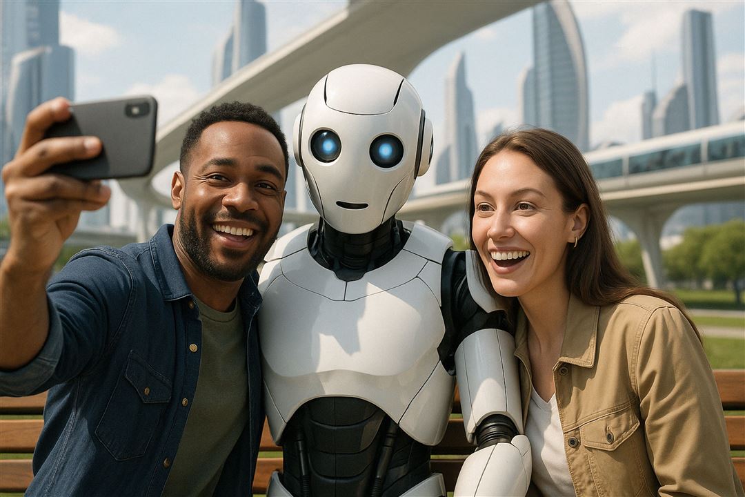 Mann und Frau mit Roboter in der Mitte machen ein Selfie vor einer Hochhauskulisse.