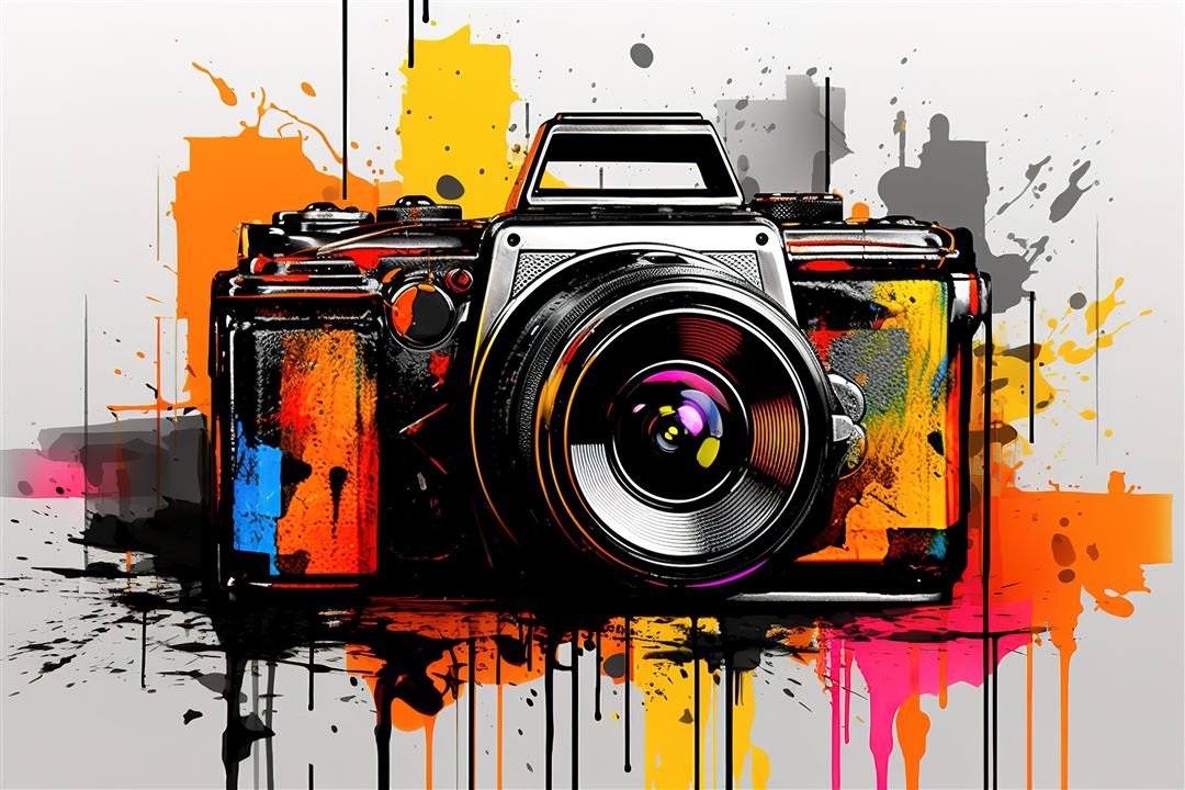 Eine altert&uuml;mliche Kamera getaucht in viele bunte Farben.