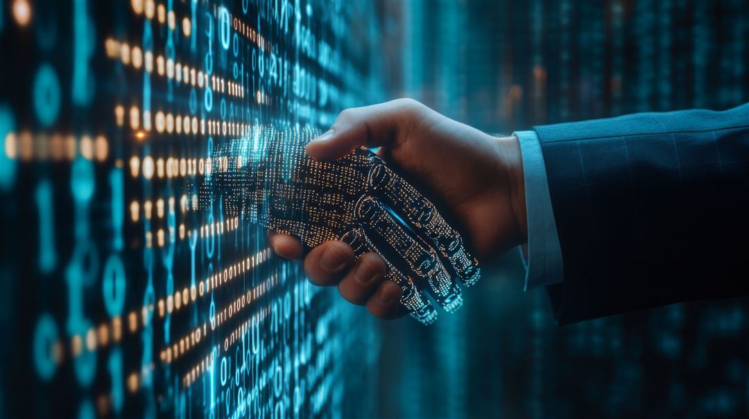 Menschliche und digitale Hand im Handschlag