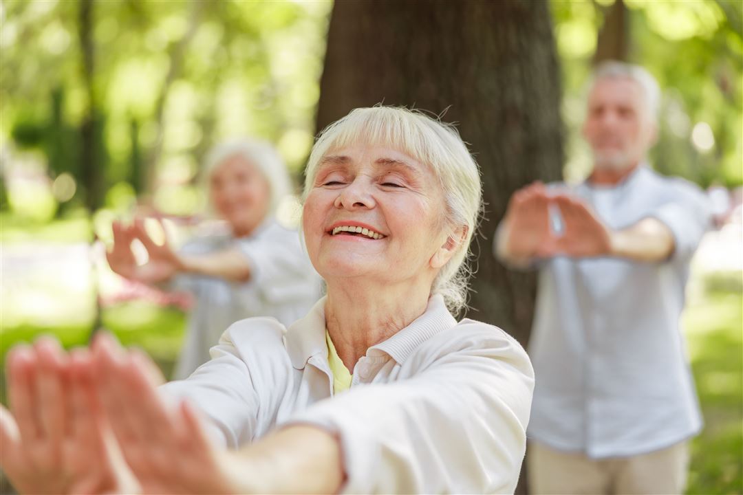 Gruppe von Senioren praktiziert Qigong im Gr&uuml;nen