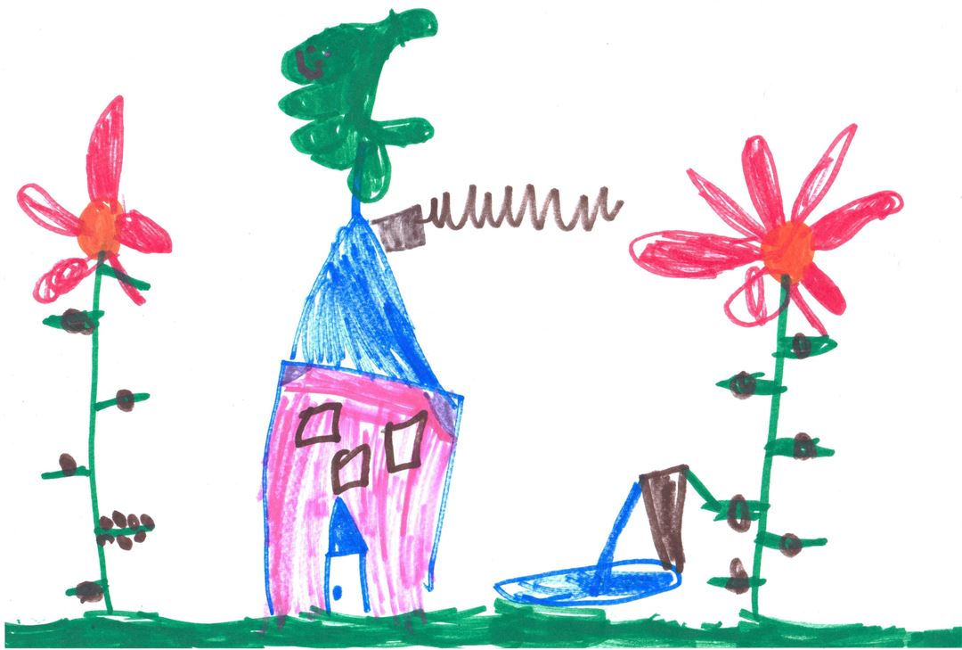 Eine Kinderzeichnung, es zeigt ein Haus und Blumen.