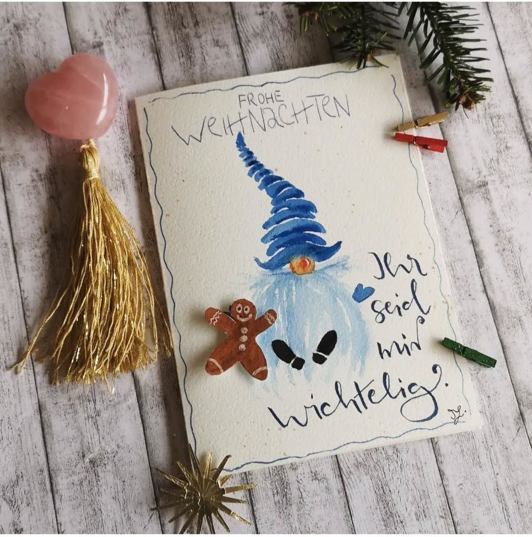 selbst gestaltete Weihnachtskarte mit einem Wichtel