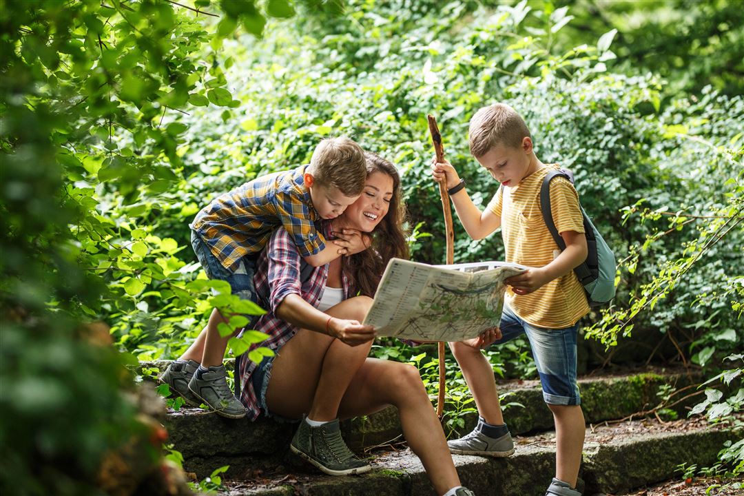 Junge Frau und ihre zwei Jungs schauen im Wald in eine Wanderkarte.