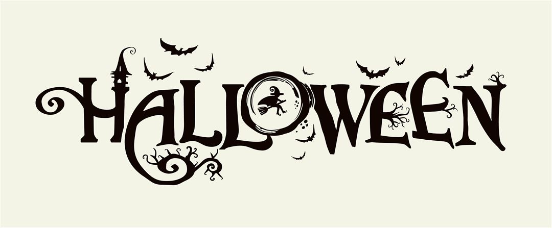 Schriftzug Halloween mit Flederm&auml;usen und gruseligen Ornamenten
