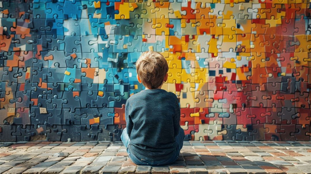 Sitzendes Kind vor einer Wand mit Puzzleteilen.