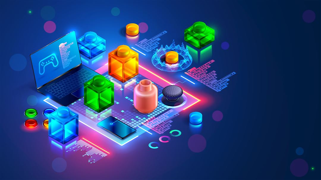 Darstellung aus der digitalen Sph&auml;re mit Bausteinen, Bildschirm und Spielelementen,